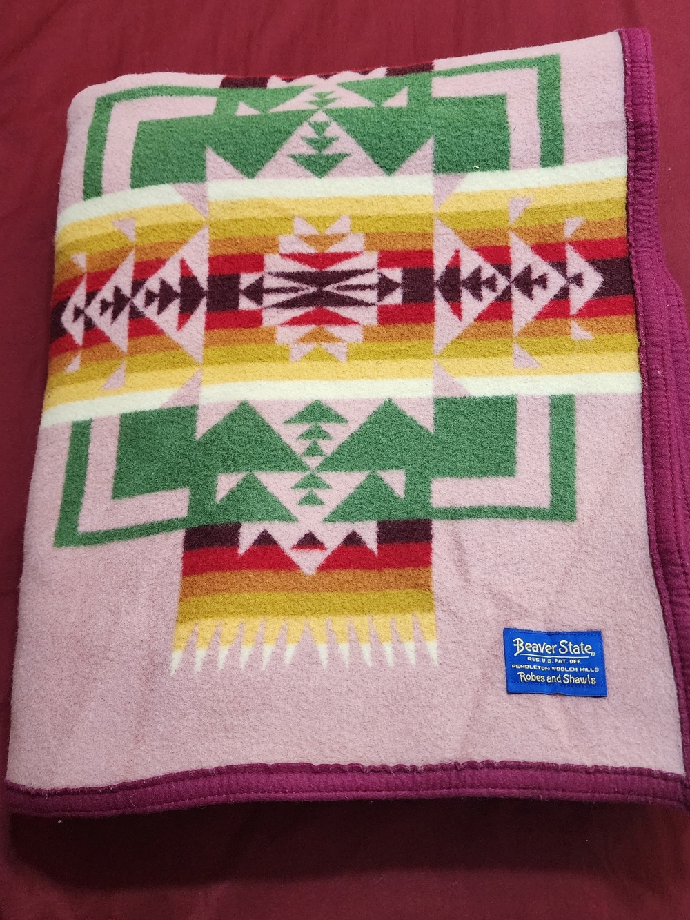 Pendleton Blue and Yellow Beaver State Label on Pink Wool - Picture 11 of 17